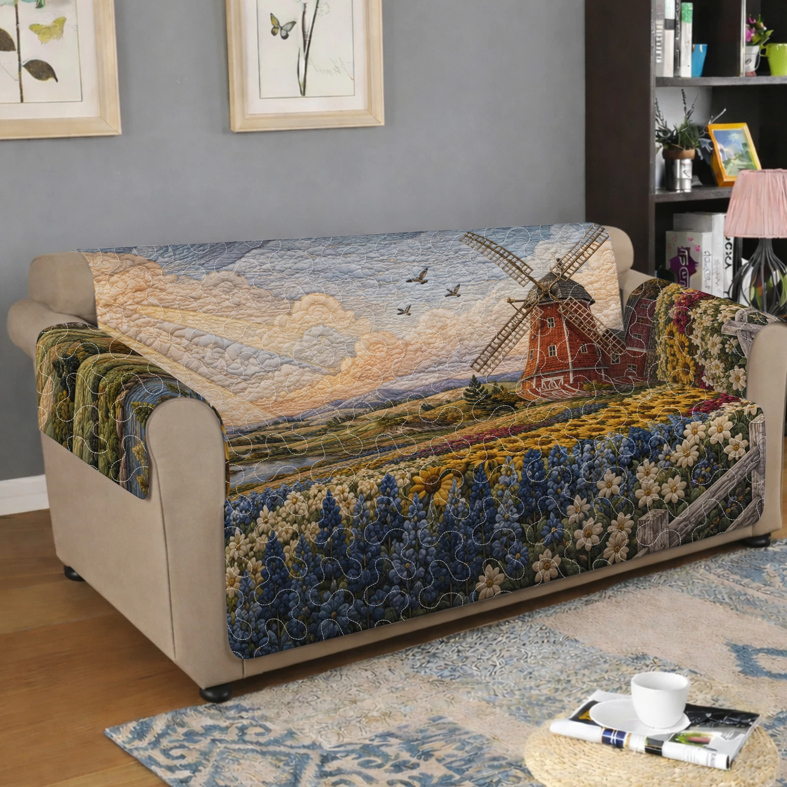 Rustic Windmill Quilted Couch Cover Landscape Flower Meadow Slipcover 033789