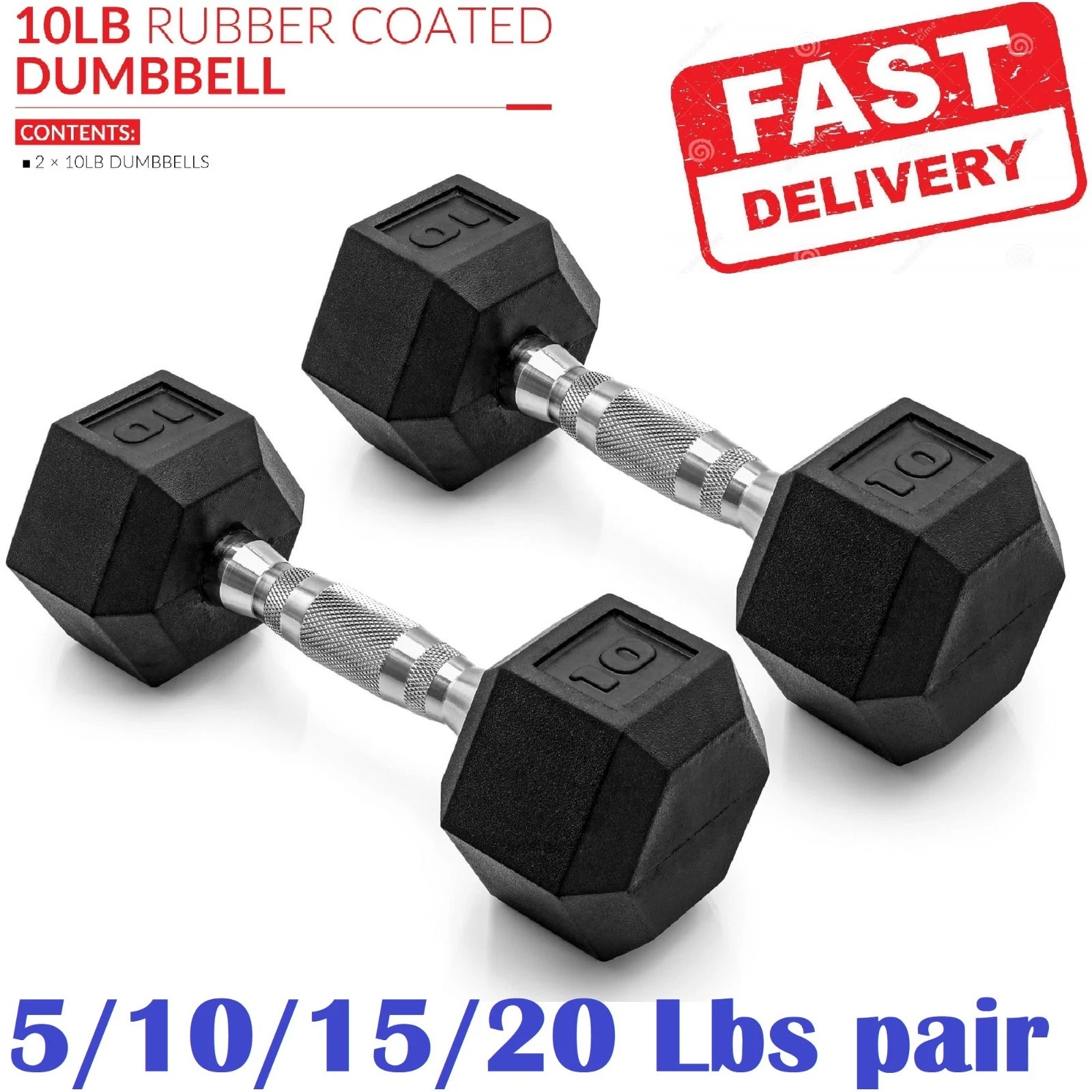 Barbell, 5-20Lb Coated Rubber Hex Dumbbell, Pair