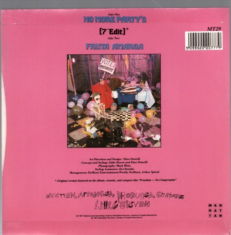 Little Steven No More Party's 7" vinyl UK Emi 1987 7" edit b/w fruta amarga. pic - Image 2 of 2