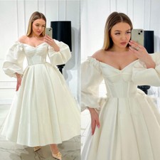 Satin Wedding Dresses Long Sleeves Tea Length V Neck White Ivory Bridal Gowns