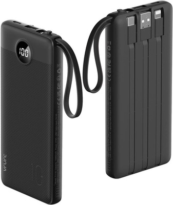 VRURC 10000mAh Powerbank mit integrierten Kabeln, USB C Akkupack schwarz 