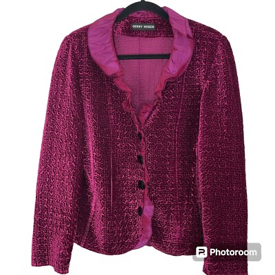 Gerry Weber Jacket US 8 Ruffle Velvet Pink Special Occasion Snap Close Cardigan