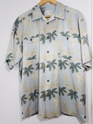 Hawaiian VISITOR Brand Men's Large Silk Shirt Short Sleeve Button Up Gray Yellow