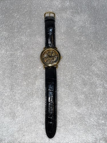 VINTAGE BRITTANIA SKELETON MEN’S WINDUP WRISTWATCH GOLD TONE BLACK LEATHER BAND
