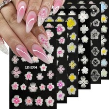 Flowers Nail Stickers 5D Embossed Nail Art 6 Sheets Colorful Nail Decals 3D