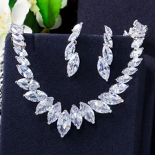 Silver Plated Marquise Cut Cubic Zirconia Wedding Choker Necklace Earrings Sets