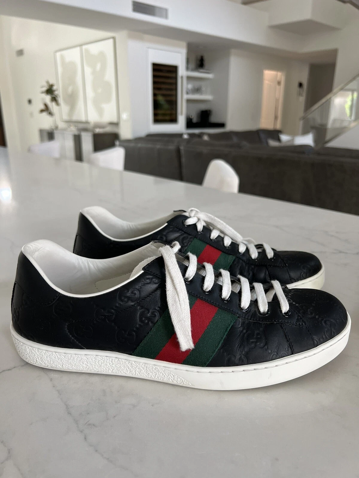 Baskets Gucci Ace noir logo homme pointure 9,5 cuir GG monogramme chaussures 386750