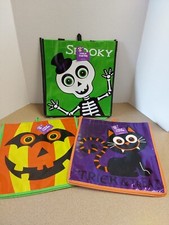 Lot X3 Halloween Trick Or Treat Bags W/Handles 12" X 13" Pumpkin, Skeleton  Cat