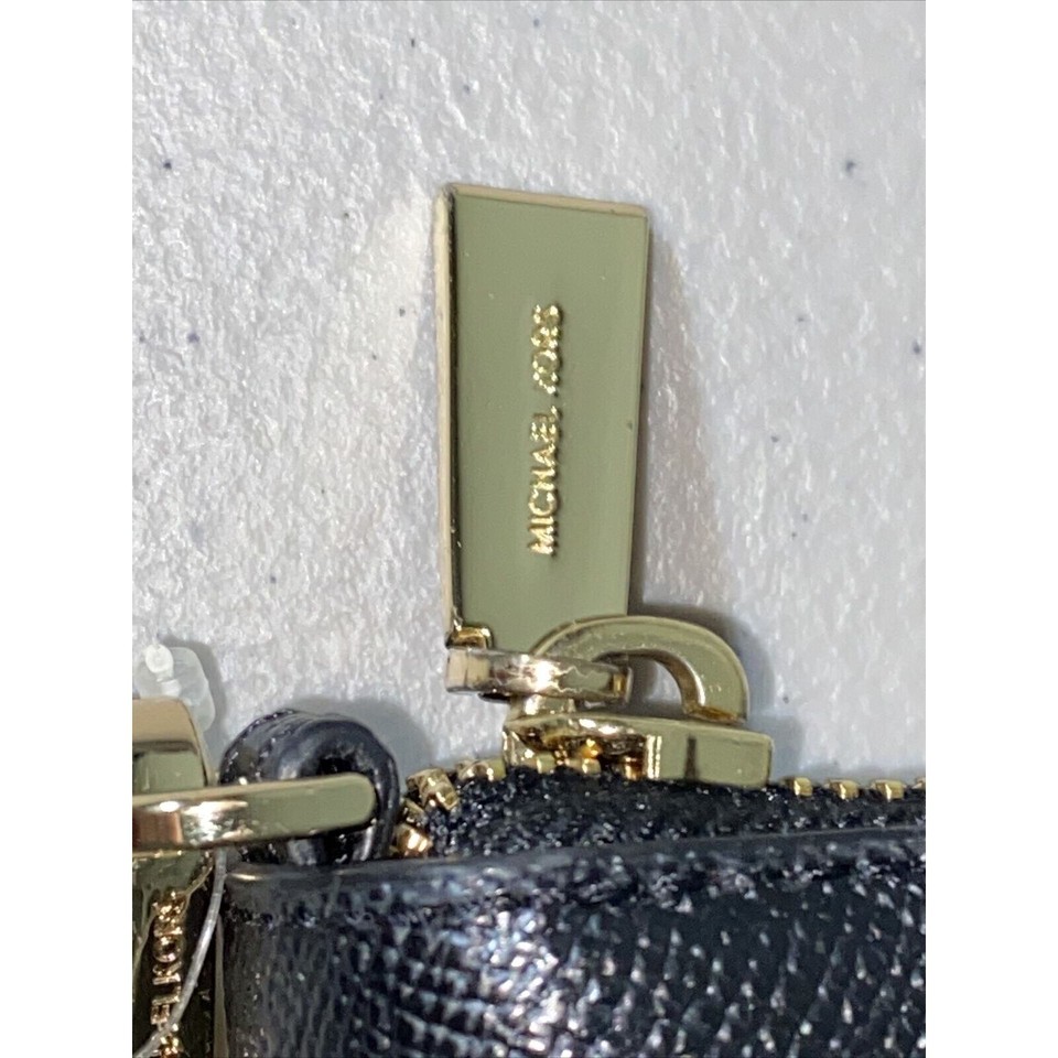 Michael Kors Black Leather MK Zippered Pocket Travel Wallet Wristlet
