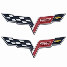 Pair Fits Corvette C6 60 Years Emblem Cross Flag Badge Metal Logo