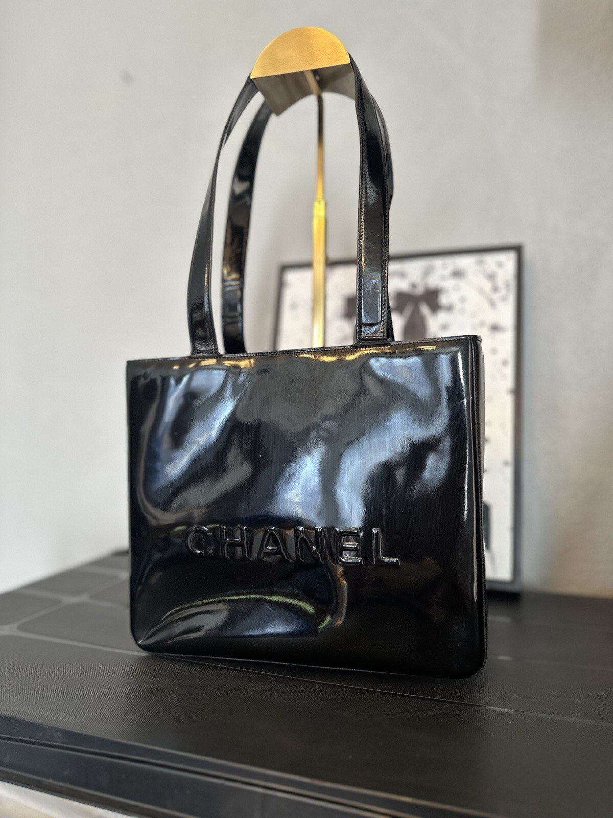 Chanel Black Patent Leather Tote Bag with Gold Hardware