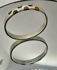 Sterling Silver 925 Hinged Bangle Bracelet Green Brown Inlay Signed