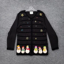 Quacker Factory Cardigan Women Large Black Embellished Snowman Christmas Sweater