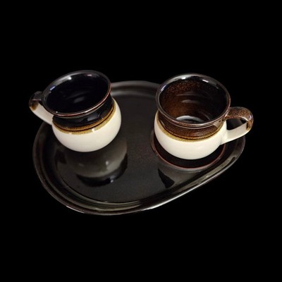 Arabia Finland Ruska Tea Coffee Set Tray 2 Cups Brown Cream Vintage Pottery