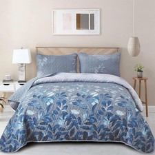 WONGS BEDDING Blue Quilt Set King Size,3 Pieces Navy Blue Floral Bedspread Cover