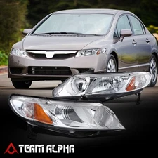 Fits 2006-2011 Honda Civic Sedan Pair Factory Style Headlight Lamps Chrome/Amber
