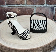 Vtg Mini High Heel Shoe & Purse Set Handbag Ceramic Porcelain Zebra Print- READ