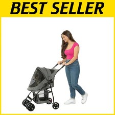 Classic Grey Pet Stroller with Zipper Entry - Storage Basket