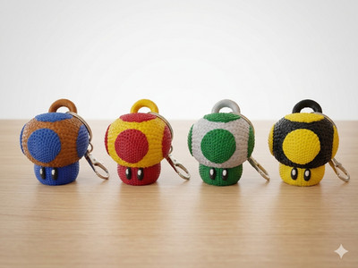 Colorful power-up mushrooms inspired by fantasy houses and classic games