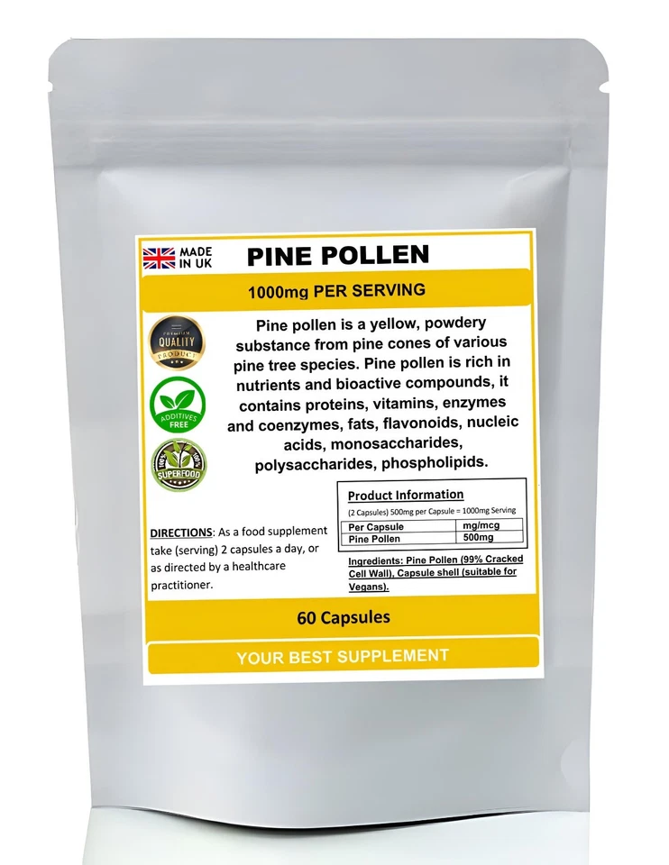 YOUR BEST SUPPLEMENT Pine Pollen Capsules 1000mg Per Serving(99% Cracked Cell Wall), Pure, No Fillers