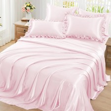 Ruffled Satin Sheets Queen Size 6pc Set - Blush Pink Bed Sheet Set with 15 In...