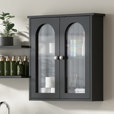 Black Wooden Medicine Cabinet Organizer Storage Shelf Doors Bathroom Wall Mount