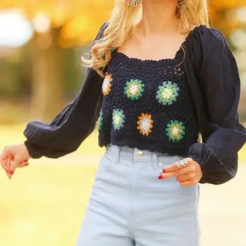 Aerie Vacay Crochet Granny Square Crop Top Women Medium Boho Hippie Off Shoulder - Picture 2 of 10