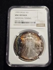 1999 $1 American Silver Eagle NGC UNC Details! Rainbow Toned! Artificial Toning!