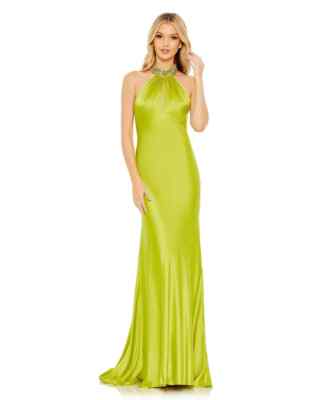 Mac Duggal Lime Green Beaded Halter Neck Satin Mermaid Gown Dress Size 8  $398 | eBay
