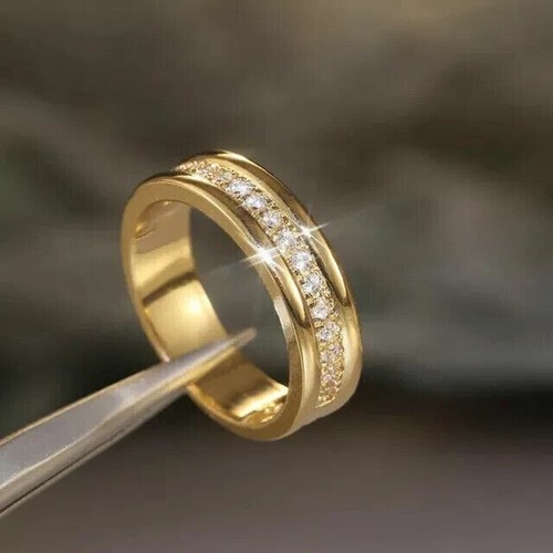Moissanite Men's Round Cut Full Eternity Wedding Band 14K Yellow Gold Plated - Picture 2 of 10