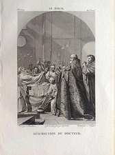 RESURRECTION OF THE DOCTOR Original Engraving 19th century Eustache LE SUEUR painter  