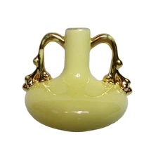 Fabulous & Unique MCM Vintage Yellow & Gold Glazed Ceramic Mini Deco Ornate Vase