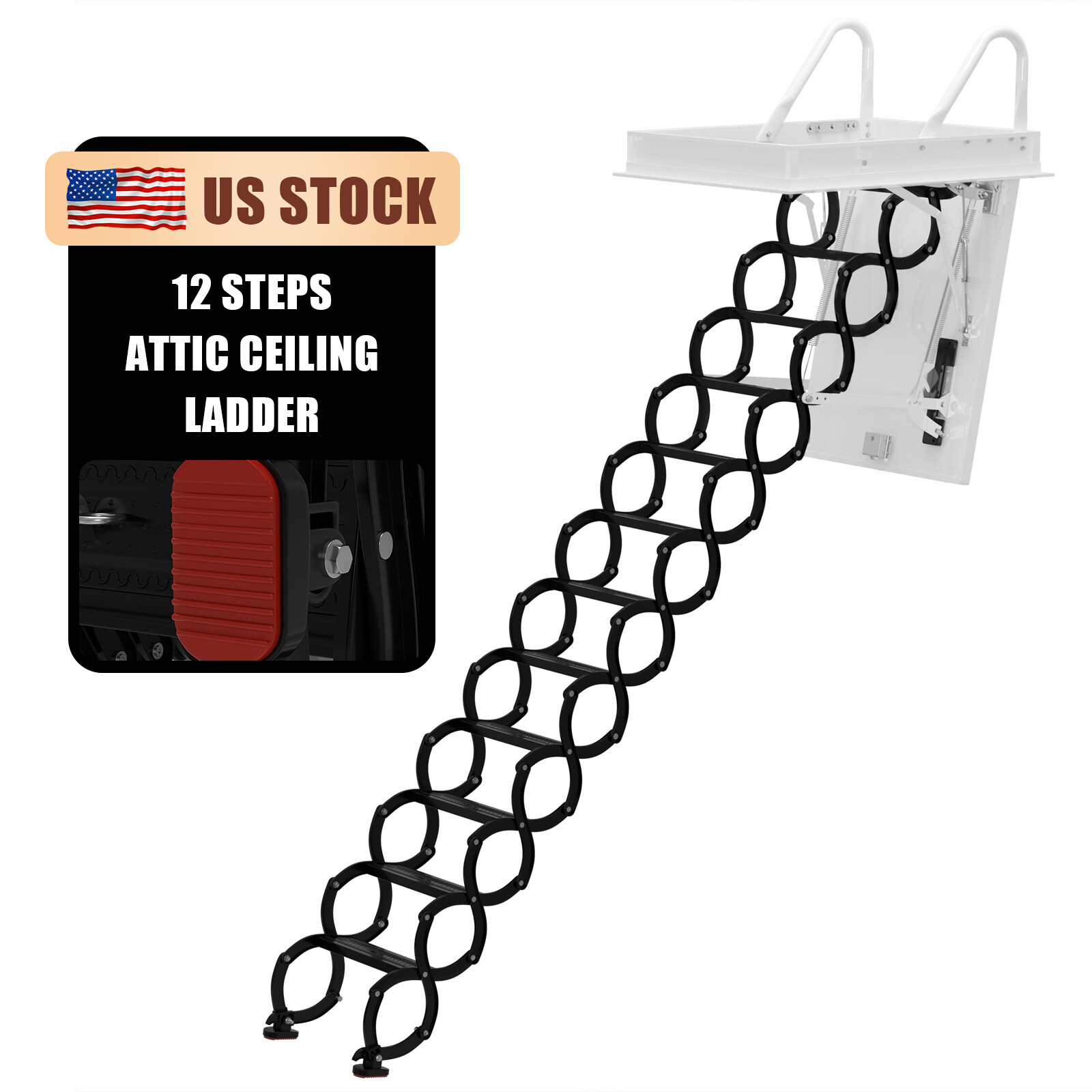 12-Step Black Folding Attic Ladder 39.4x27.6 Inch Loft Pulldown Stairs