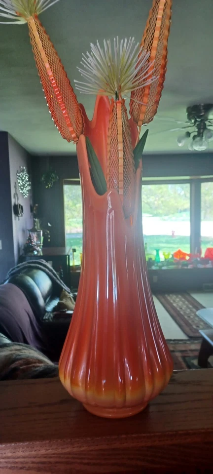 "Florero de piso oscilante columna acanalada agridulce vintage LE Smith 19"" MCM CON FLORES" Foto 4 de 4