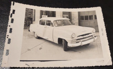 vintage photo 1953 damaged accident Plymouth Cambridge car outside auto garage
