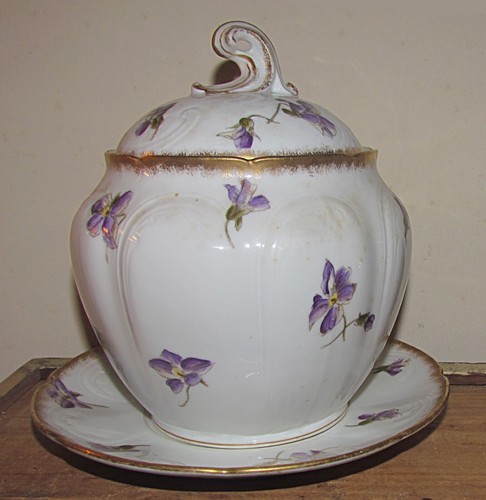 antique Charles Field Haviland Limoges bisquit jar +underplate violets gold trim - Picture 4 of 10
