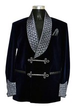 Men Quilted Blue Velvet Smoking Jacket Wedding Party Wear Dinner Blazer Coat