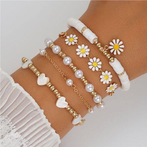 Fashion 5Pcs/set Boho Multilayer Daisy Flower Pearl Bracelets Heart Love Bangle - Picture 1 of 5