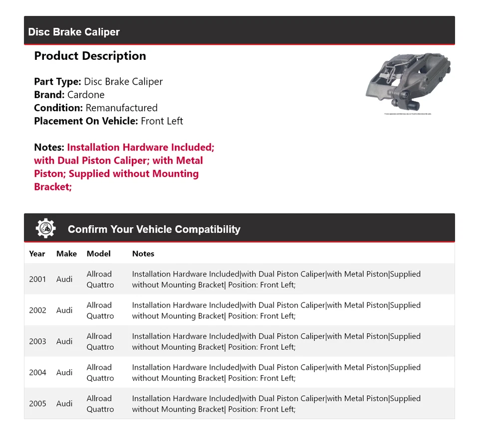 Pinza de freno de disco delantera izquierda cardone 2002 para Audi Allroad Quattro 2001-2005 Foto 2 de 4