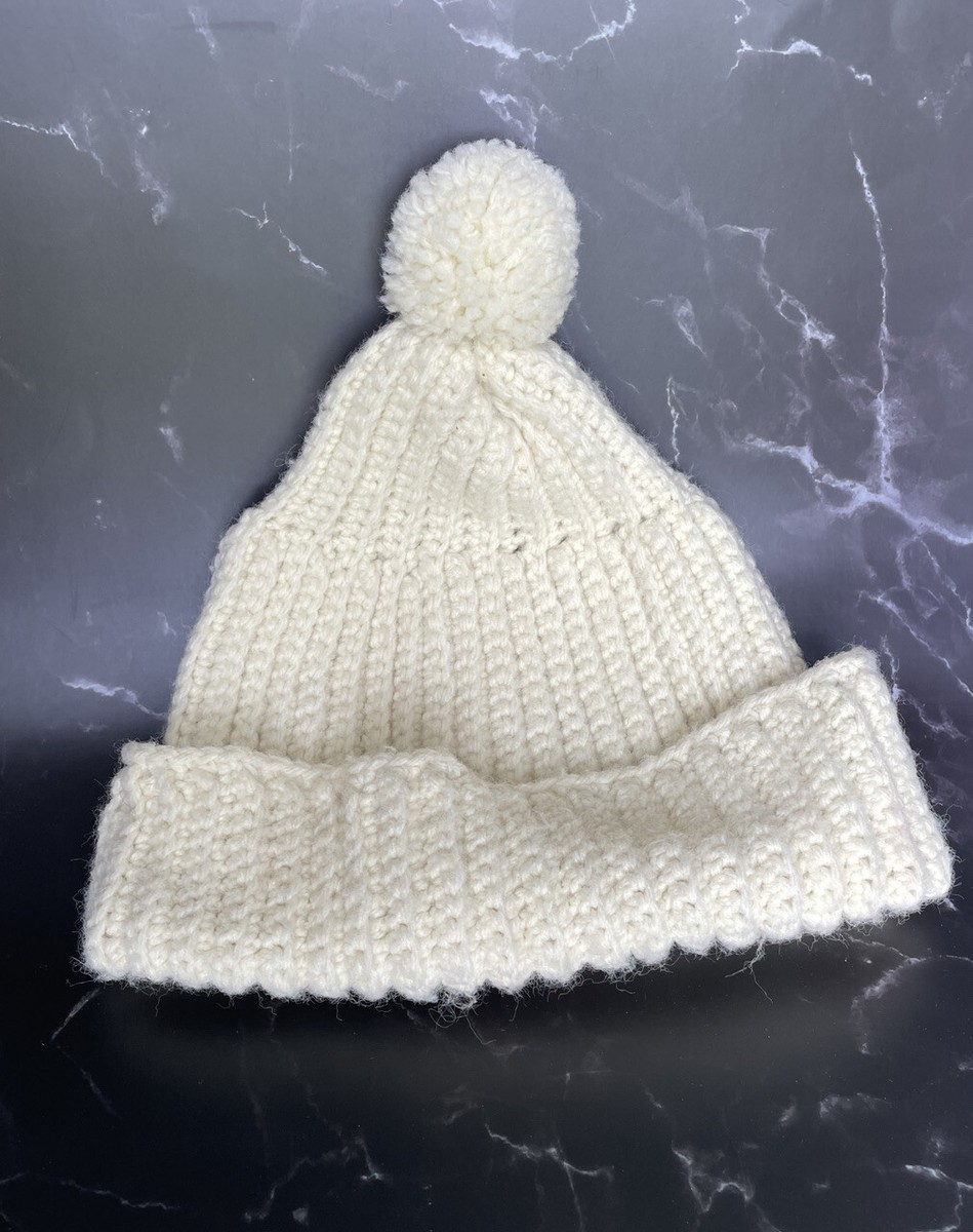 Crochet Beanie Hat Pom Pom Knit Cream Color One Size  display picture 1