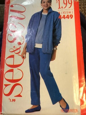 U/C Butterick See & Sew XS S M Front Zip Jacket Top Pant Pattern 4449 6 8 10 12