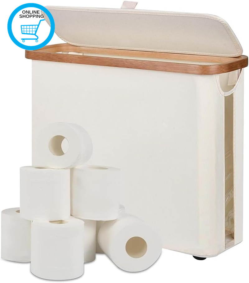 Freestanding Toilet Paper Holder with Bamboo Lid, 30L Toilet Roll Storage Box &