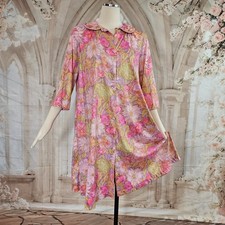 Vintage 1960's Robe Lingerie Pajamas Pink Purple Green Floral Mod Buttons Collar