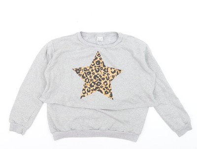 House of Hurrah Damen Pullover Sweatshirt grau Leopard Sterne L