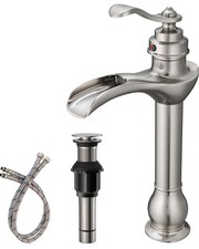 Vessel Sink Faucet Waterfall Brushed Nickel with Pop Up Drain Assembly and Suppl