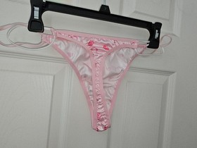 Vintage Satin Pink Heart String Thong Panties. Size Large