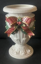 Fritz And Floyd Classics Ceramic Crackle Christmas Urn Vase Holly & Bow 9.5”