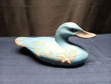 Hand Painted 11" Wooden Folk Art Duck Vintage Cottage Floral Aqua Plaster Coat