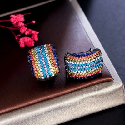 Unique Micro Pave Cubic Zirconia Colorful Statement Big Rectangle Stud Earrings