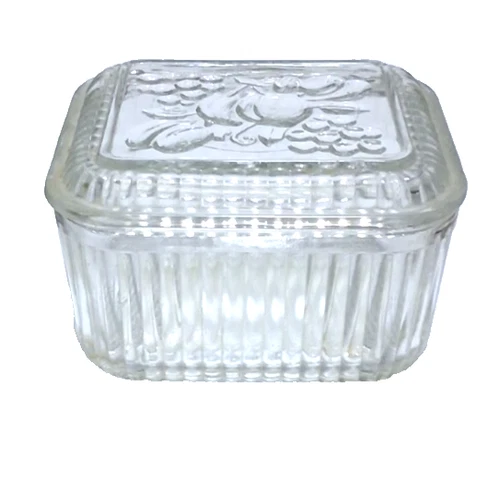 Vintage Federal Glass Refrigerator Dish w/ Lid Embossed Fruit 1940s Kitchen
